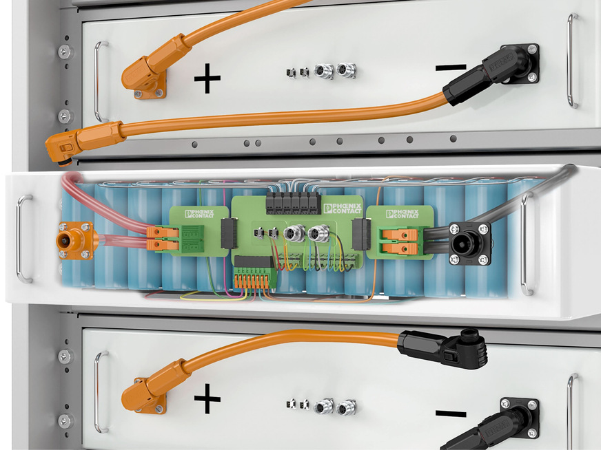 Bild 3 Die Batteriemodule innerhalb eines Energiespeichersystems benötigen Anschlusstechnik für die Leistung, Signale und Daten.