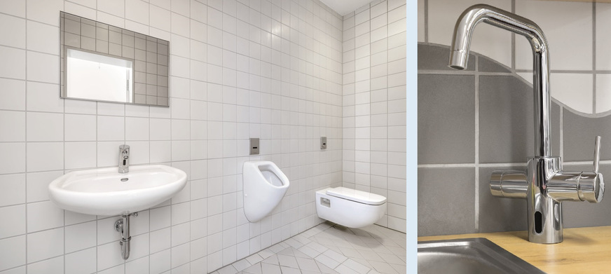 Bild 5 Bestmögliche hygienische Bedingungen an jeder Entnahmestelle: Alle elektronischen Waschtisch-, Dusch- und WC-Armaturen lassen sich kontaktlos bedienen und wurden mit SWS vernetzt. Die hybride Küchenarmatur Grandis E ermöglicht auch in der Küche im Dienstaufsichtsbereich eine hygienische Betätigung.