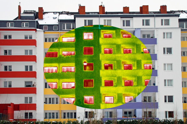 „Thermalbild einer digitalen Gebäudetechnik, das die Effizienz von Smart-Building-Technologien bei der Reduzierung von Wärmeverlusten und Optimierung des Energieverbrauchs durch Fenstersensoren zeigt. - © mitifoto – stock.adobe.com